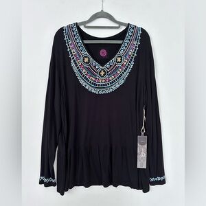 NWT Double D Ranch Top Black Ruffled Tunic Embroidered Beads Sequin